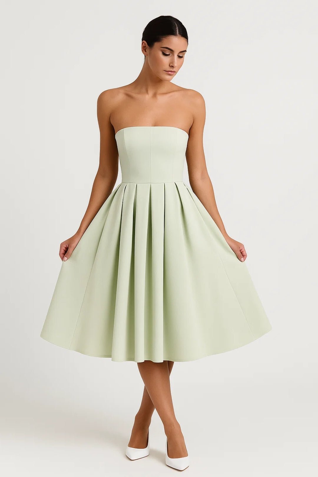 Vestido midi para mujer — Corsé ajustado sin tirantes y falda acampanada