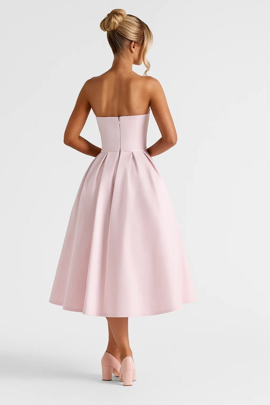 Vestido midi para mujer — Corsé ajustado sin tirantes y falda acampanada