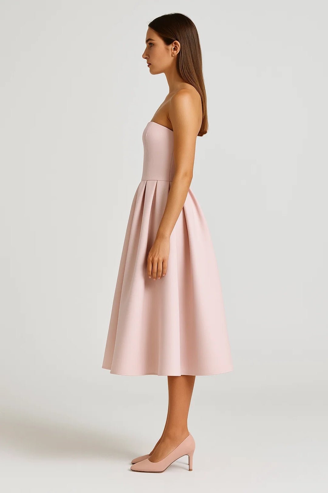 Vestido midi para mujer — Corsé ajustado sin tirantes y falda acampanada