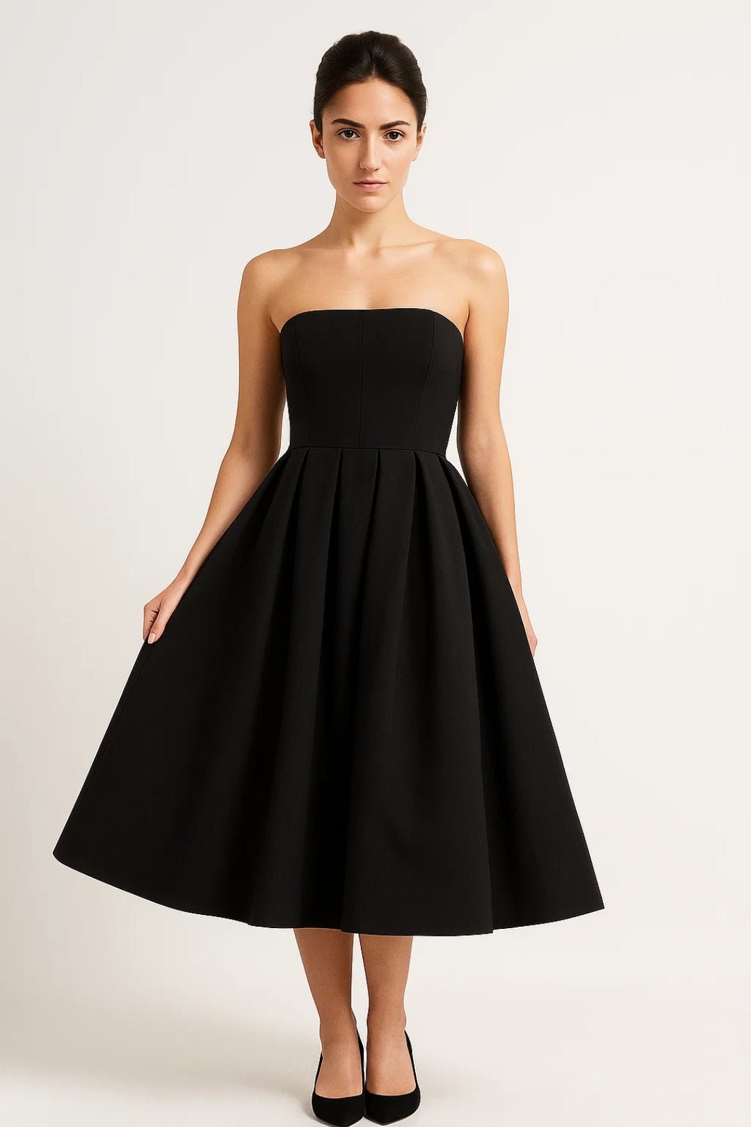 Vestido midi para mujer — Corsé ajustado sin tirantes y falda acampanada