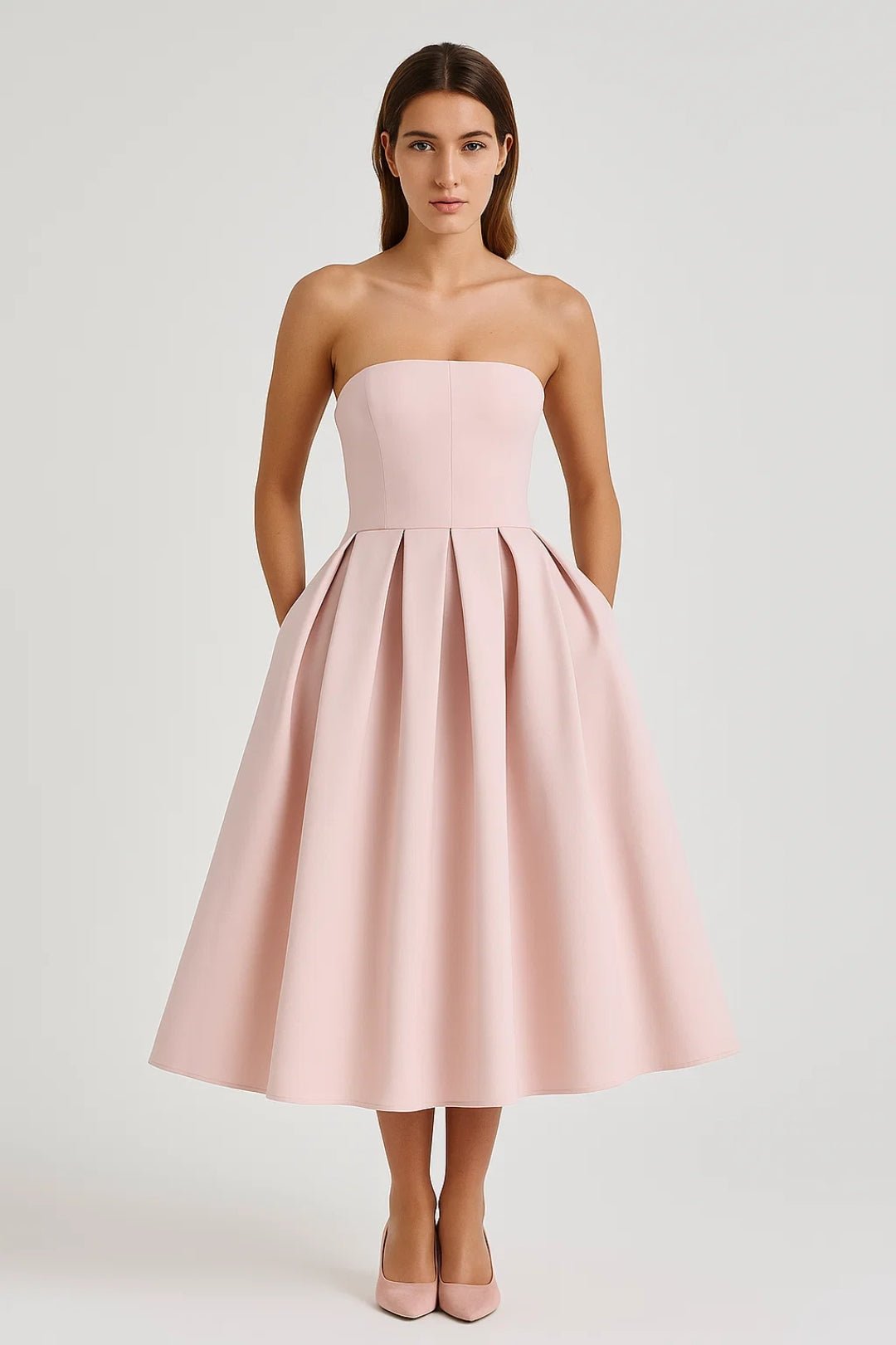 Vestido midi para mujer — Corsé ajustado sin tirantes y falda acampanada