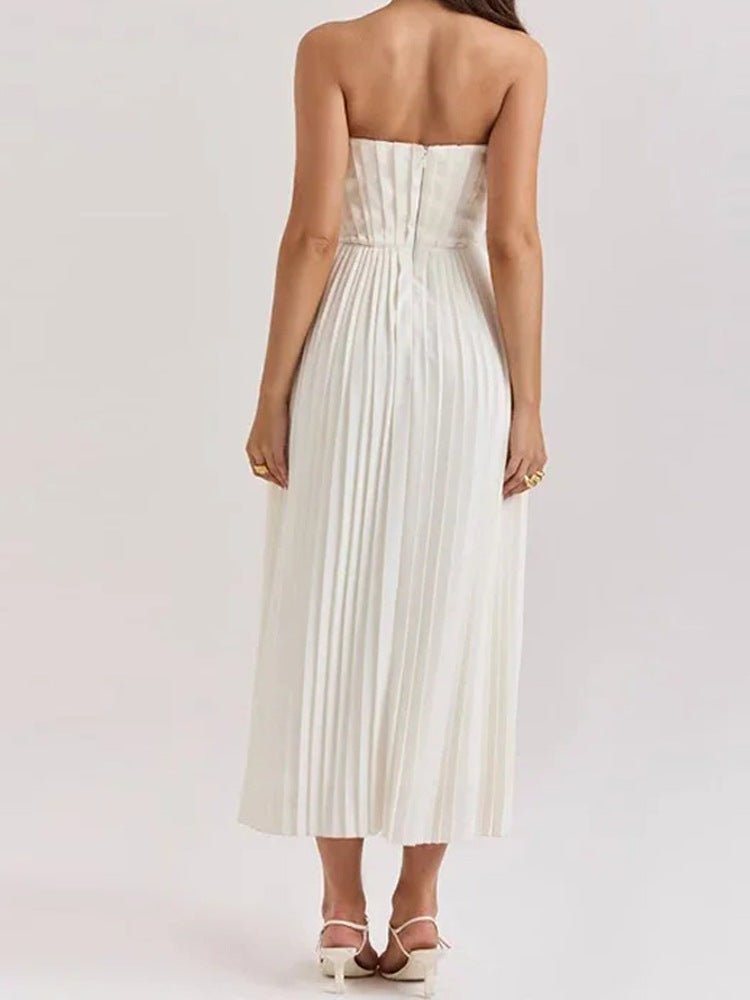 Robe midi femme — bustier et jupe plissés sans bretelles ni manches