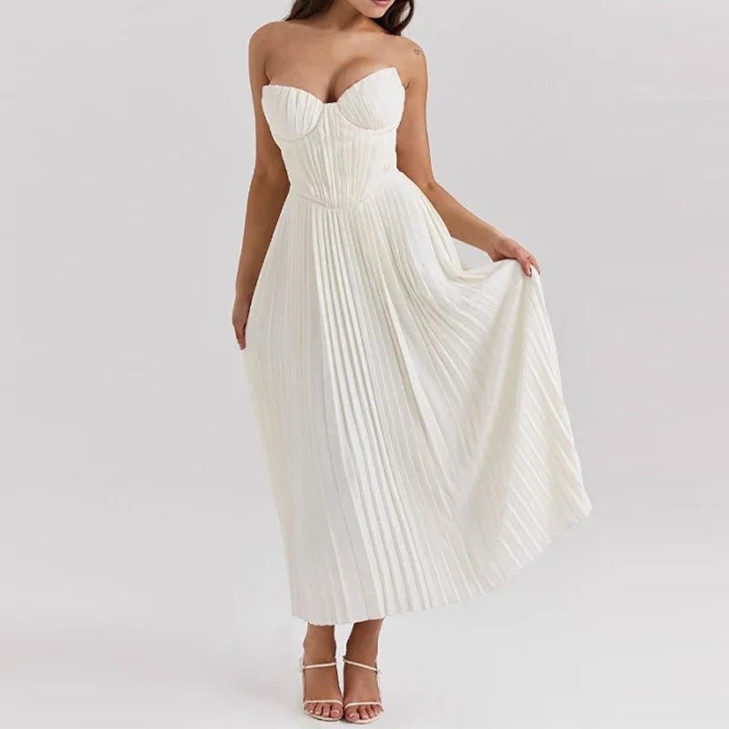 Robe midi femme — bustier et jupe plissés sans bretelles ni manches
