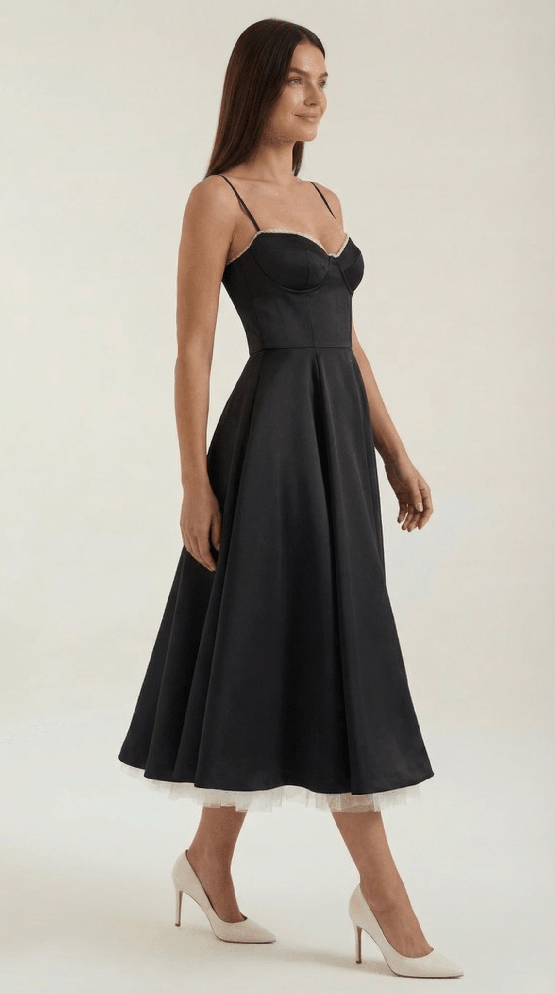 Vestito midi donna — scollo a cuore e spalline sottili