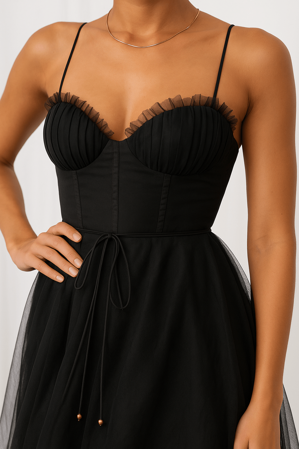 Damen Midikleid — Korsett-Schnitt Spaghettiträger Raffung am Bustier