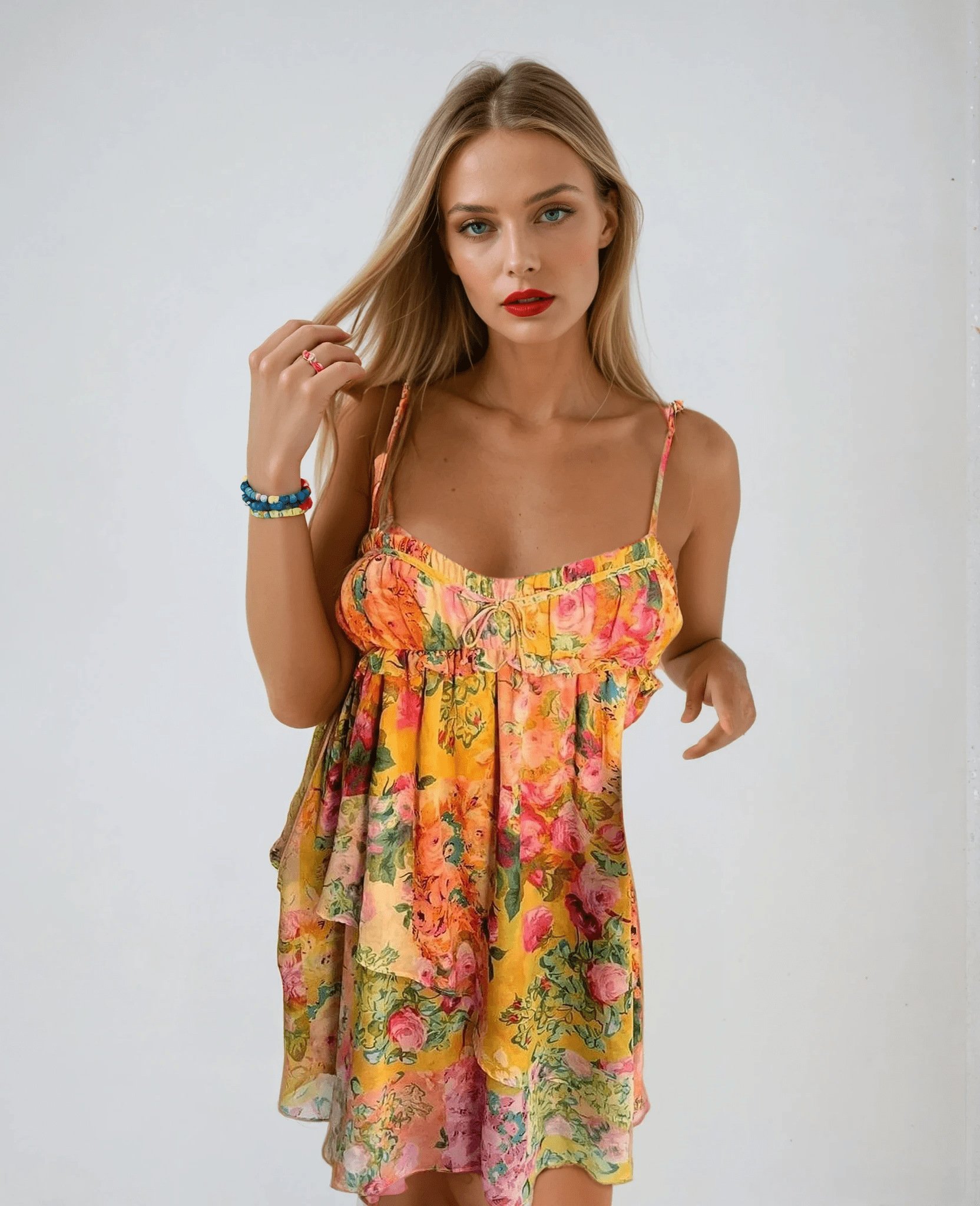 Vestido mini para mujer — Estilo veraniego con estampado floral y estructura en capas