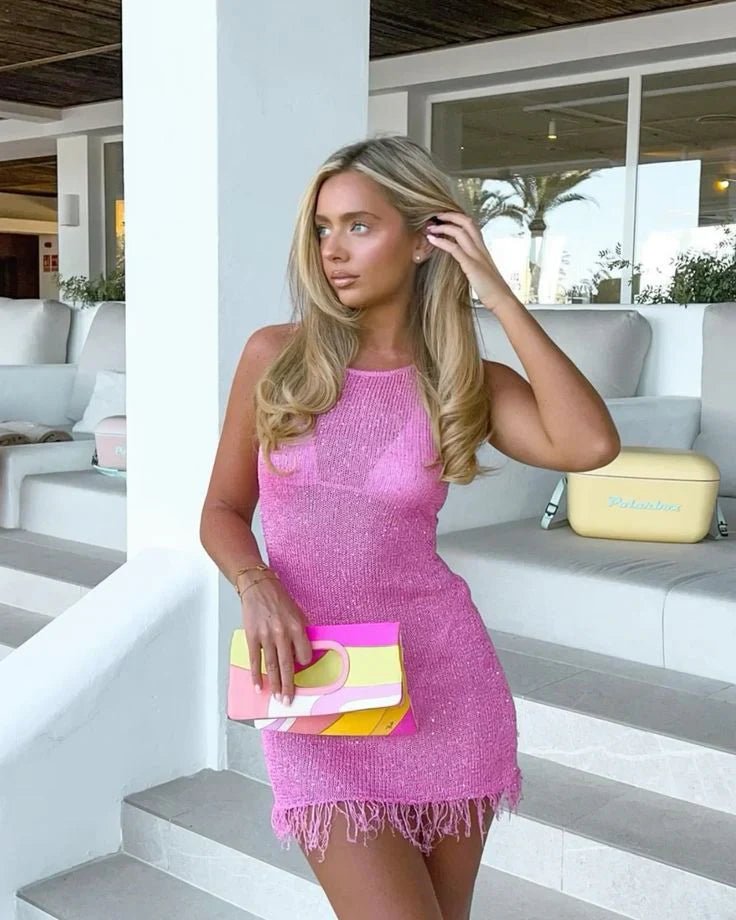 Vestido mini para mujer — Diseño de noche con lentejuelas, sin mangas y flecos en el dobladillo