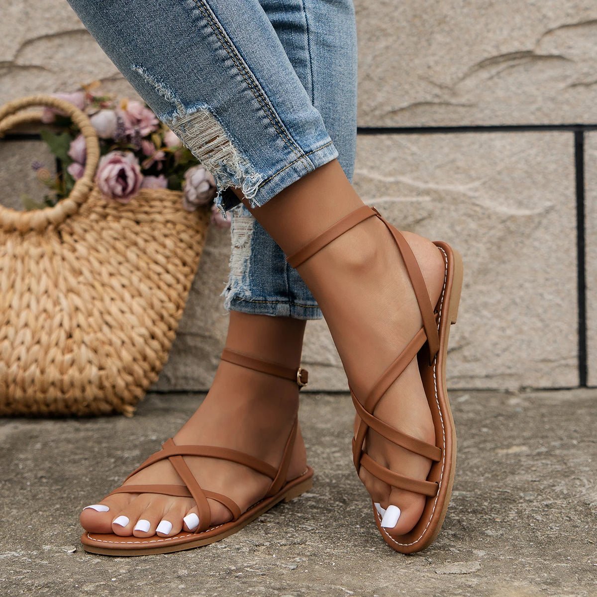 Damen Sandalen — Riemchen, offene Zehen, Reißverschluss hinten  